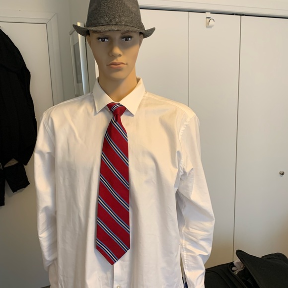 EUC Brothers, 100% silk necktie in red w/ light, light blue, black, white stripe - Picture 8 of 9